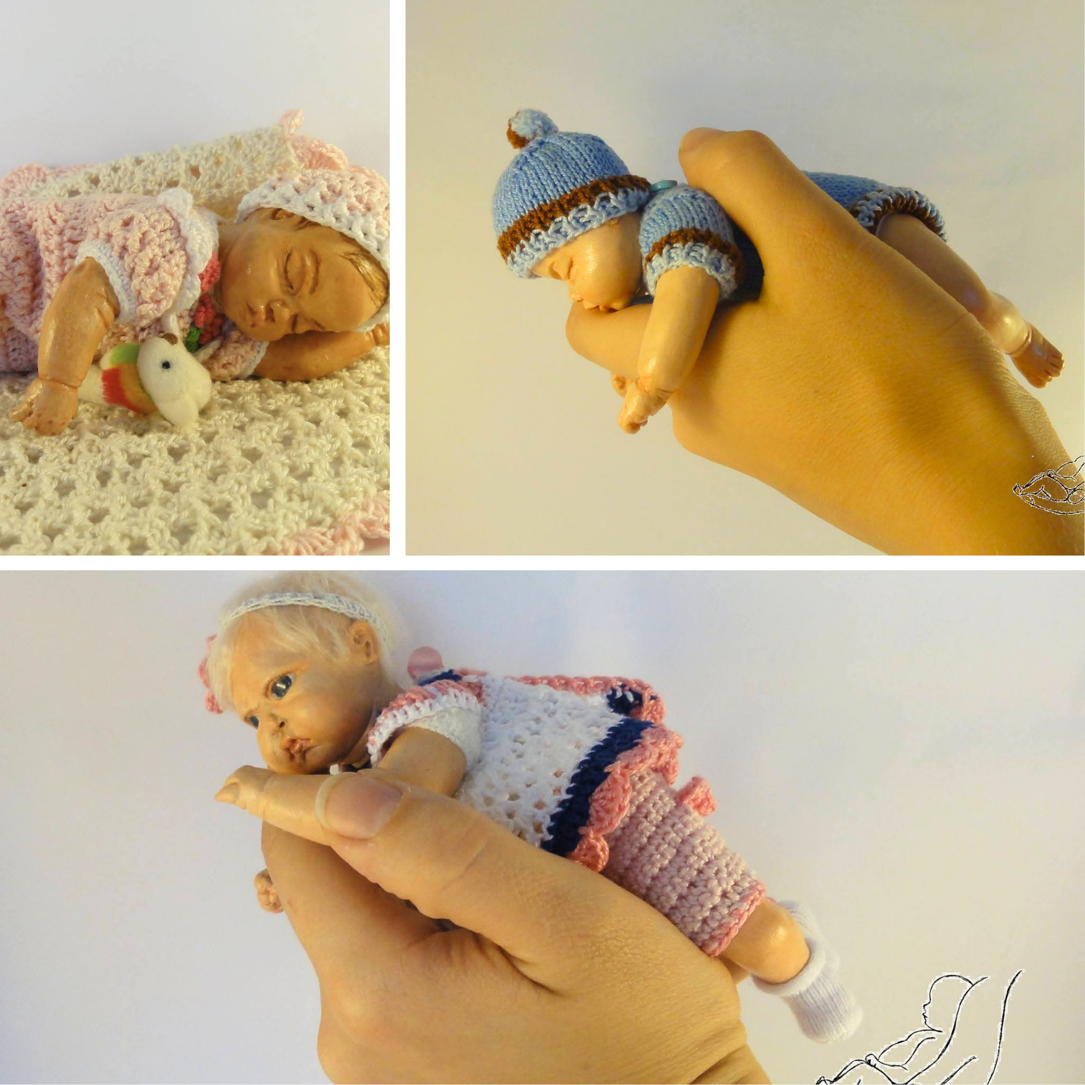 Three early paperclay baby dolls: two sleeping babies in crocheted clothes and a wide-eyed baby in a flowered dress.