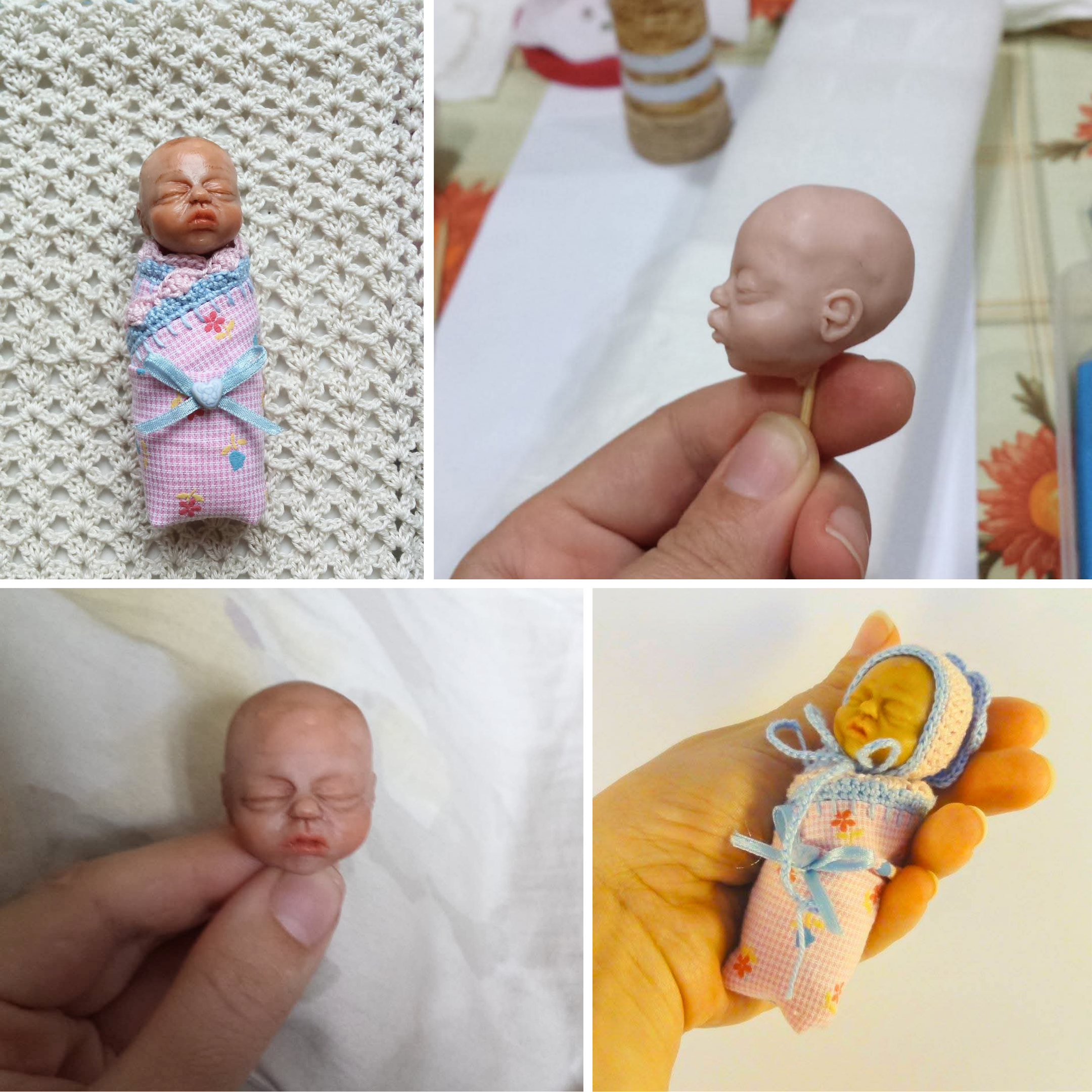 Four views of a tiny sleeping polymer clay baby, including the unpainted head and the finished doll in a pink floral swaddle and blue bonnet.