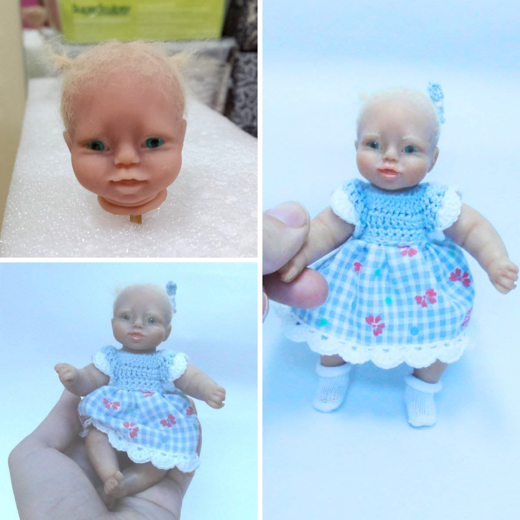 Three views of Yana showing her painted head and the finished blond toddler doll in a blue gingham flowered dress and white socks.