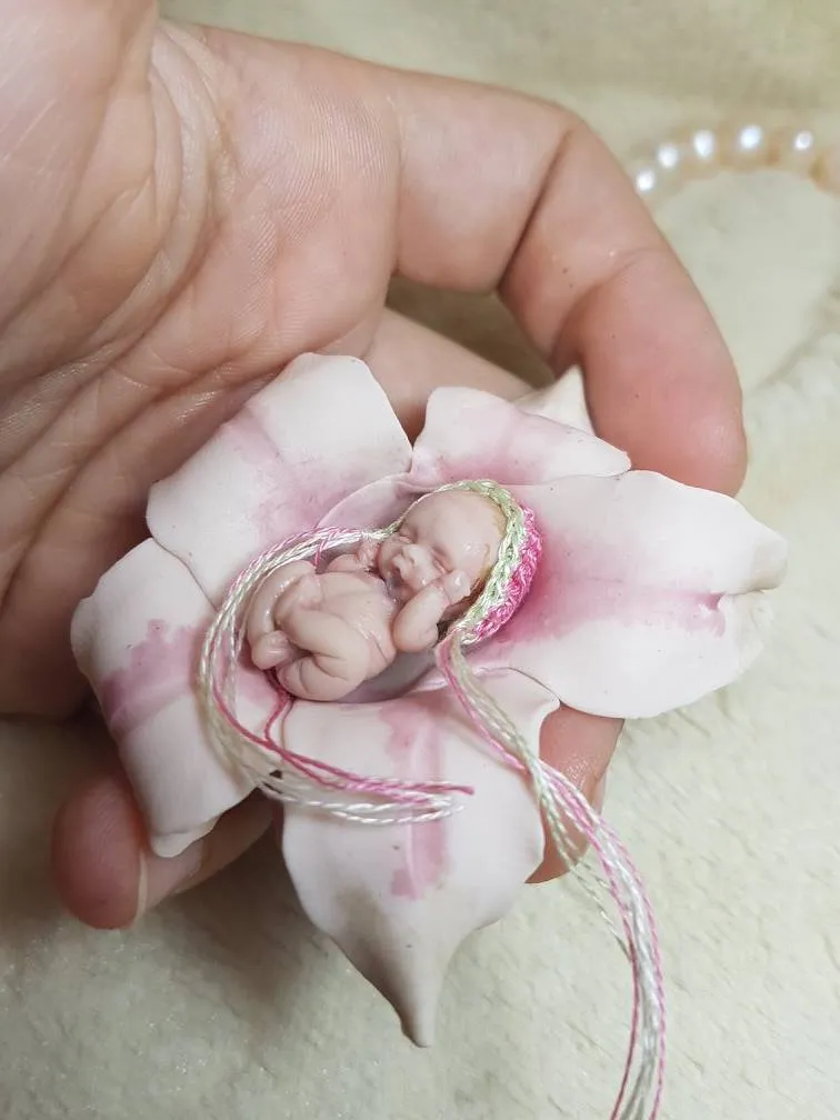 Ethereal OOAK miniature baby doll sleeping inside a beautiful pink and white sculpted flower, held gently with pearl beads - by Mini Baby Dolls