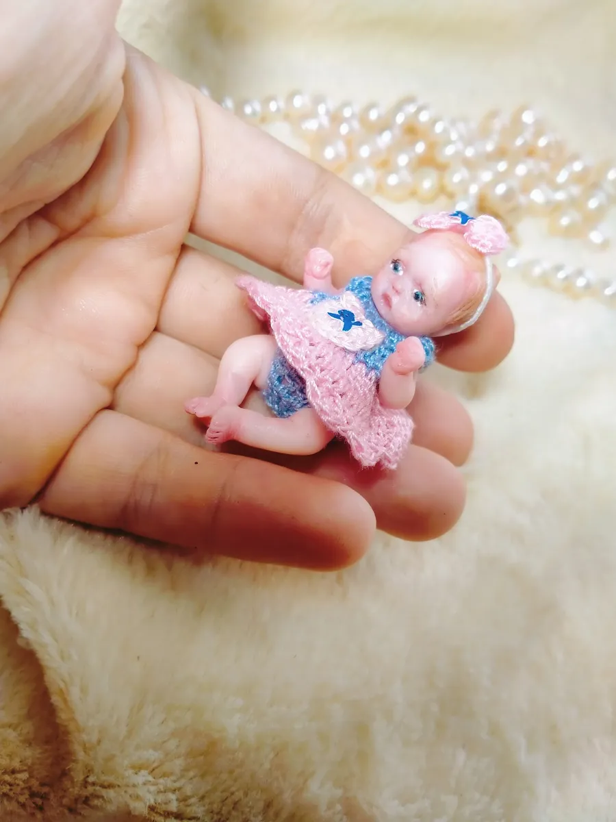 Flying OOAK miniature fairy baby doll in pink dress with delicate wings, held in palm with pearl beads - by Mini Baby Dolls