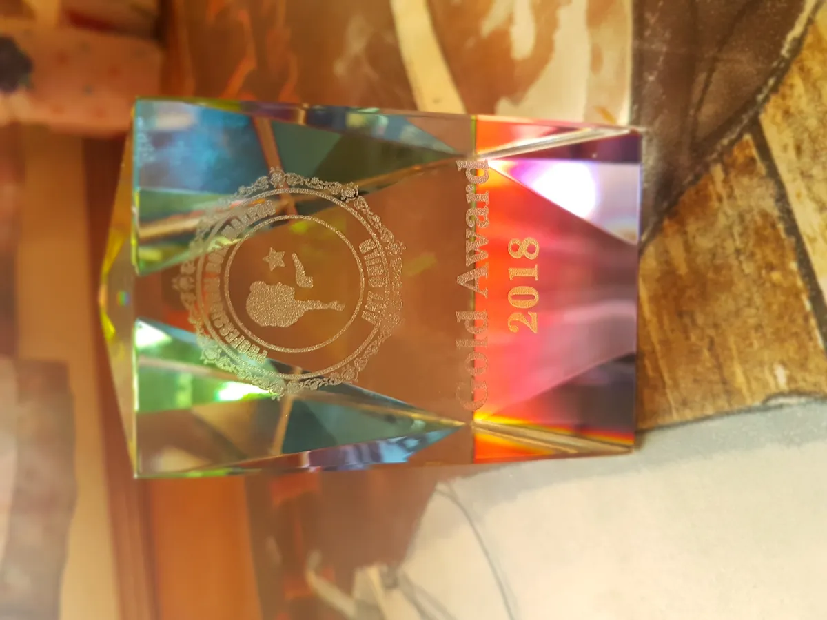 Gold Award 2018 crystal trophy for miniature doll artistry, showcasing professional recognition in the craft community - by Mini Baby Dolls