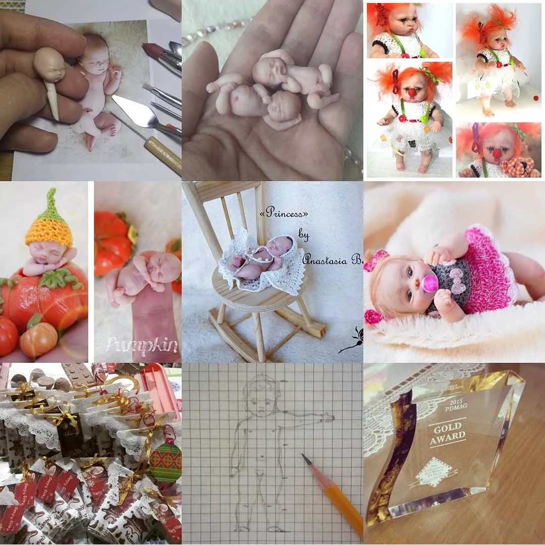 Instagram-style collage of various OOAK miniature dolls, award trophies, and behind-the-scenes studio photos - by Mini Baby Dolls