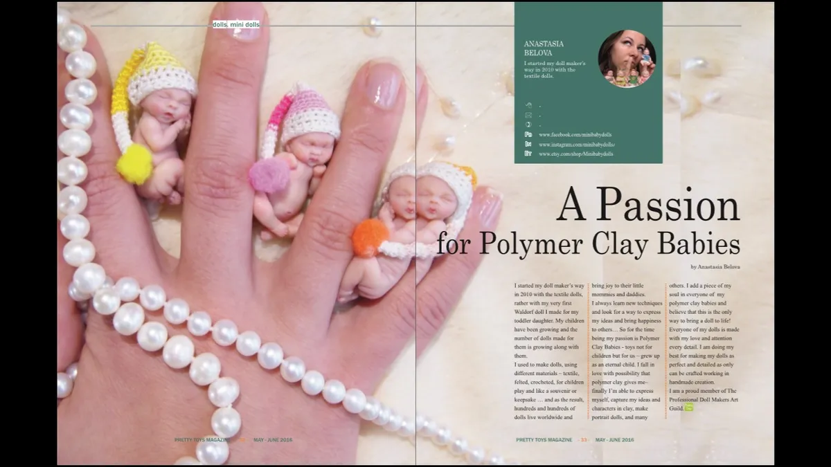 Magazine feature article titled 'A Passion for Polymer Clay Babies' showcasing miniature baby doll artistry - by Mini Baby Dolls