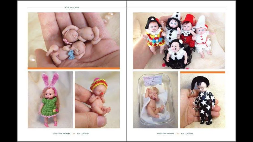 Magazine or book feature page showcasing professional photography of various OOAK miniature baby dolls in different costumes - by Mini Baby Dolls