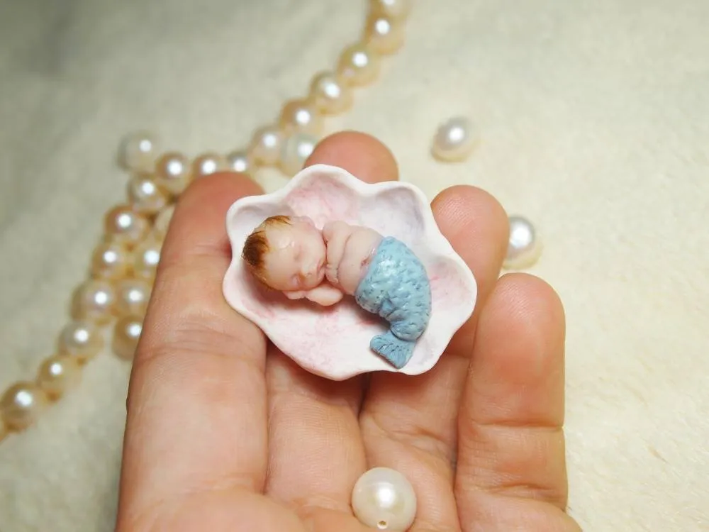 Ethereal OOAK miniature baby doll sleeping peacefully inside a pink and white sculpted seashell, held in palm with pearl beads - by Mini Baby Dolls