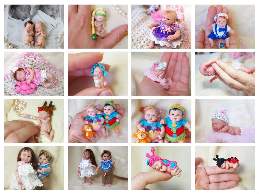 Photo grid collage showcasing variety of OOAK miniature baby dolls in colorful costumes and poses, portfolio overview - by Mini Baby Dolls