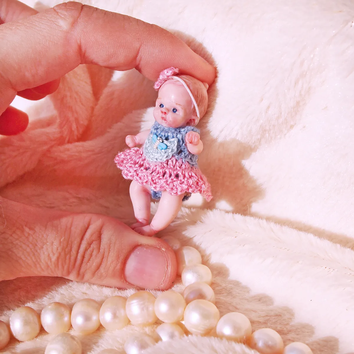 Standing OOAK miniature baby doll in delicate pink and blue crocheted dress, held between fingers to show tiny scale, with pearl beads - by Mini Baby Dolls